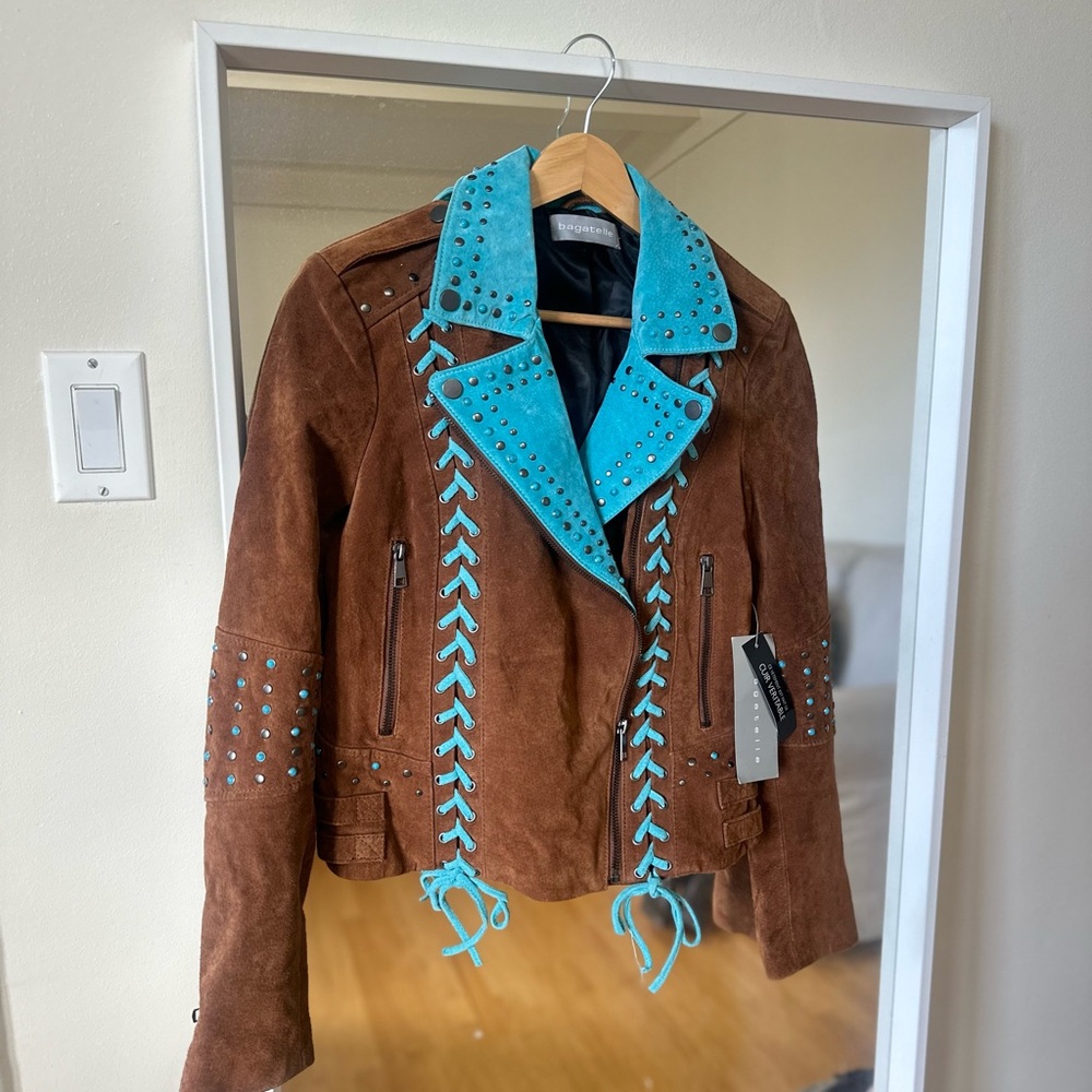 Bagatelle Brown and Blue Leather Jacket - Picture 2 of 9